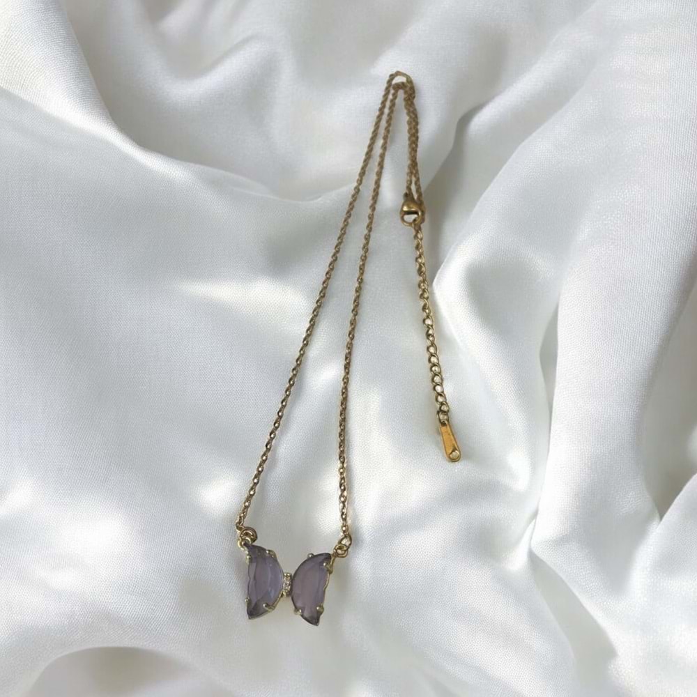 Xbaby Mor Taşlı Kelebek Gold Kolye