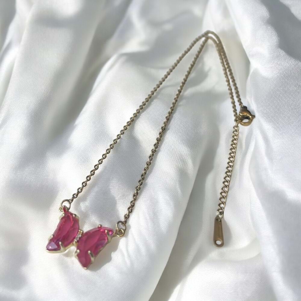 Xbaby Pembe Taşlı Kelebek Gold Kolye