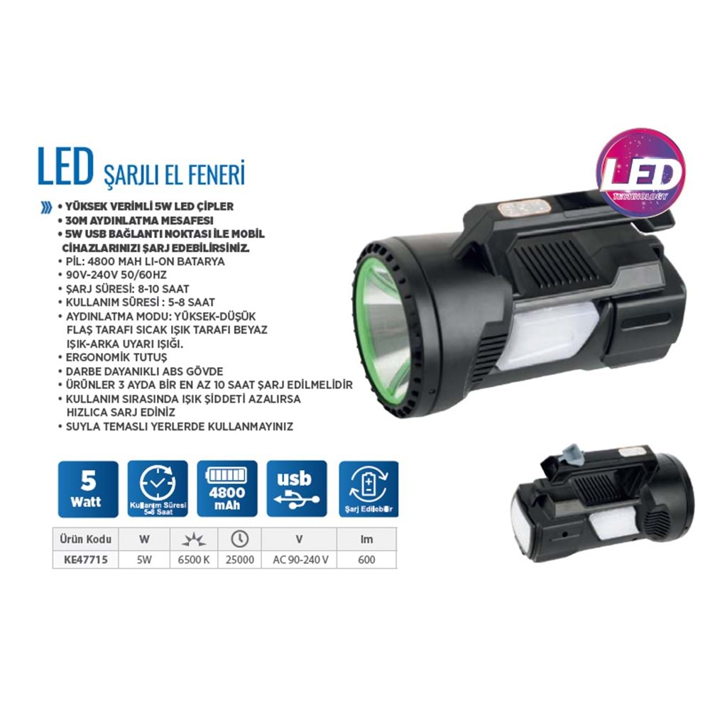 Klaus Şarjlı Led El Feneri Usb Bağlantılı 5W 4800mAH