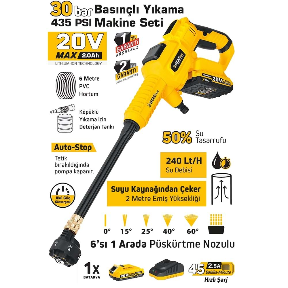 SGS Akülü Basınçlı Yıkama Makine Seti 20 V 2.0 AH