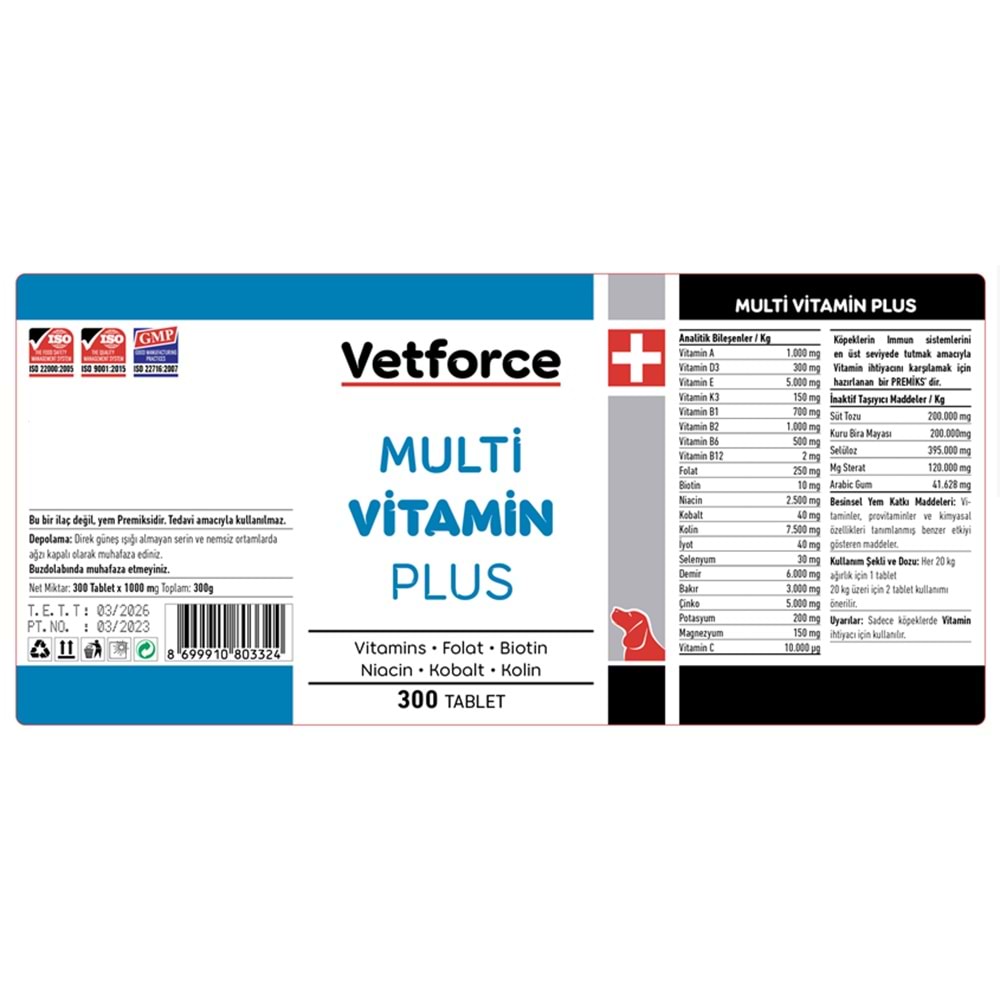 VETFORCE DOG MULTİVİTAMİN PLUS 300 TABLET ( Köpekler için vitamin ve mineral)