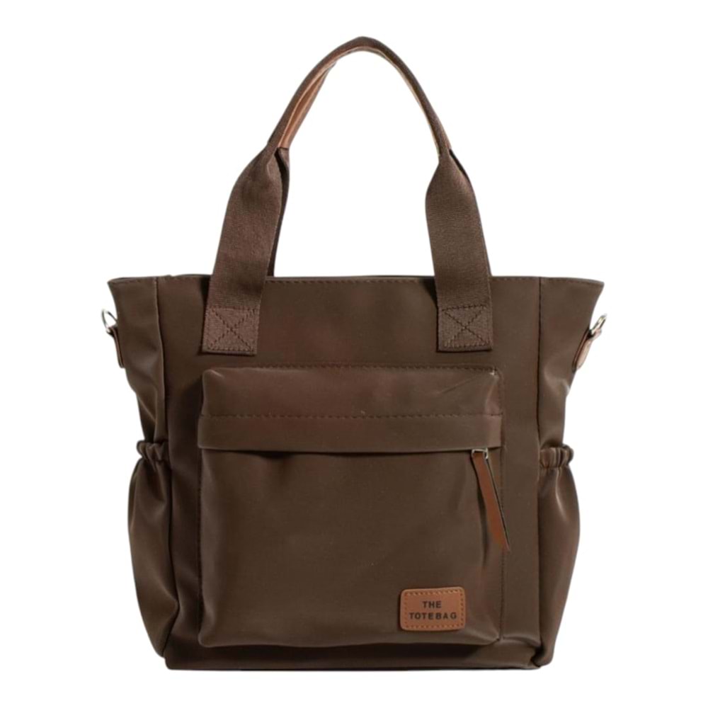 Xbaby Saten Kumaş Yanları Lastikli Cepli Fermuar Kapama Omuz ve Çapraz Çanta Kahverengi