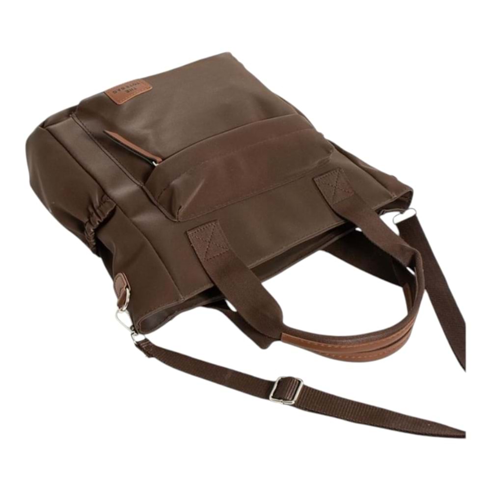 Xbaby Saten Kumaş Yanları Lastikli Cepli Fermuar Kapama Omuz ve Çapraz Çanta Kahverengi