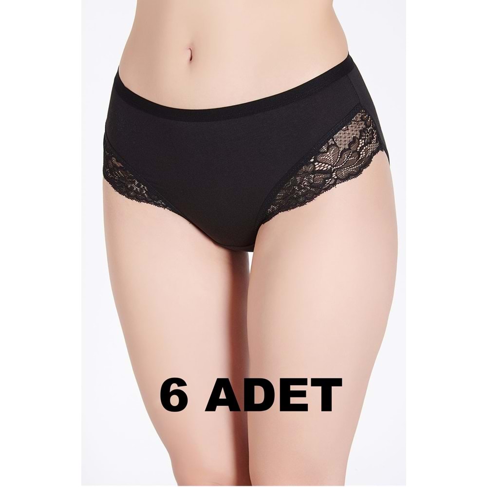Belinay 6 Adet 0120 Kadın Yüksek Bel Dantelli Modal Külot Siyah L