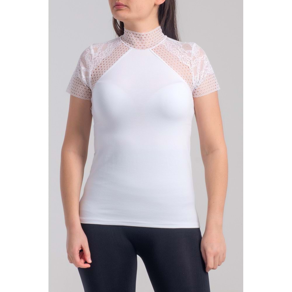 Belinay 8002 Kadın Dantelli Kısa Kol Body Beyaz L