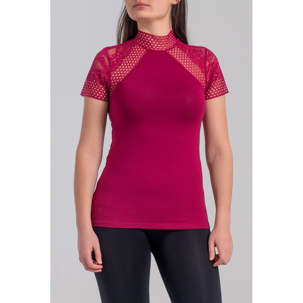 Belinay 8002 Kadın Dantelli Kısa Kol Body Vişne L