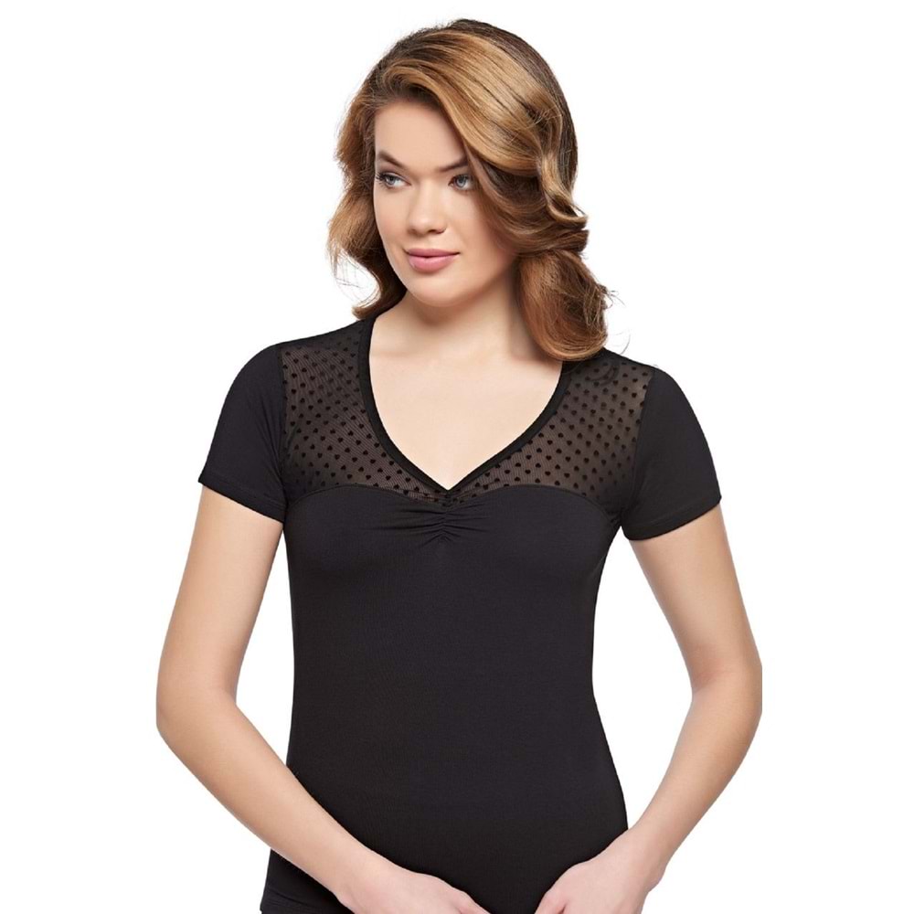 Belinay 8024 Kadın Tül Detay V Yaka Kısa Kol Body Siyah L