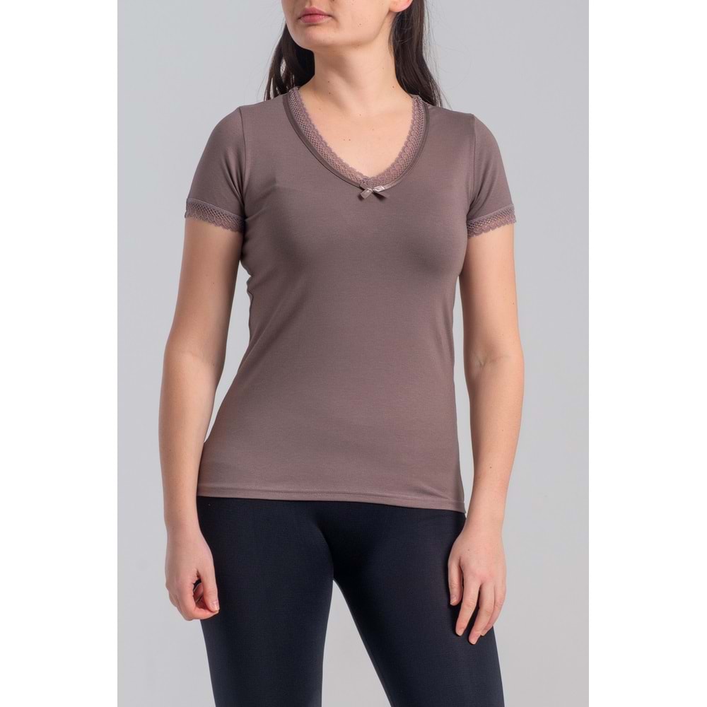 Belinay 8025 Kadın Dantelli Kısa Kol Body Vizon L