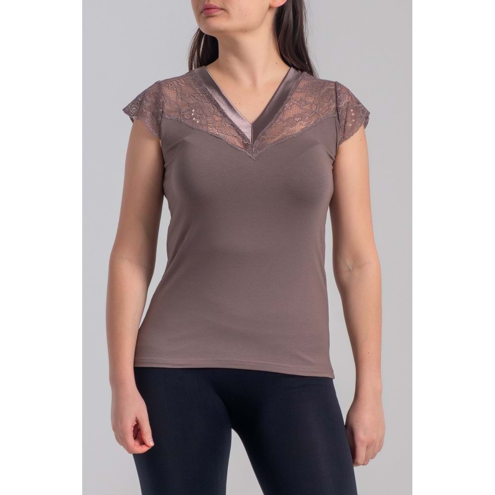 Belinay 8027 Kadın Likralı Dantelli V Yaka Body Vizon L
