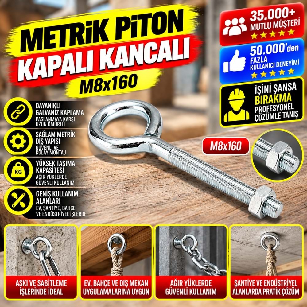 Hırsan Metrik Piton Kapalı Kancalı M8x160