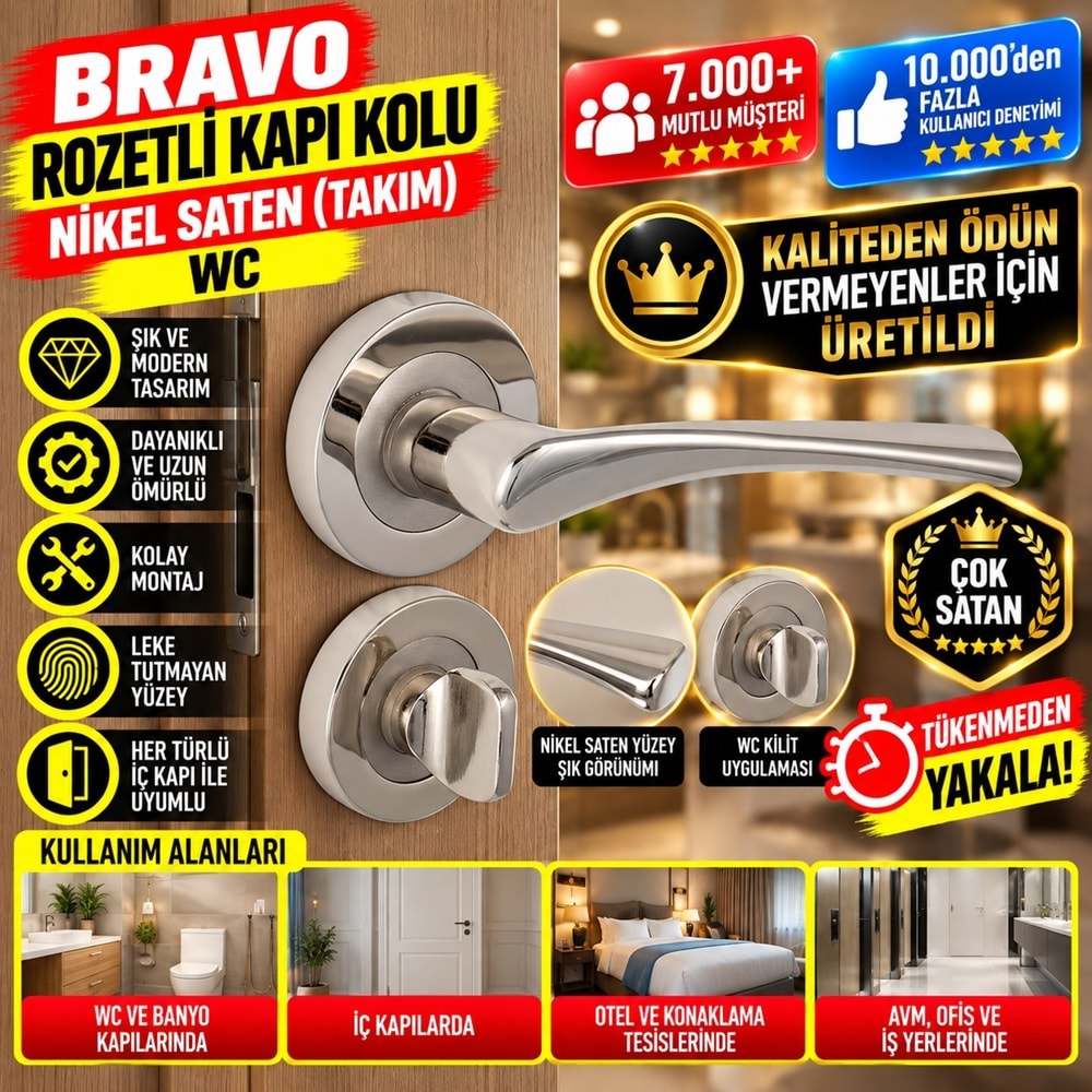 Hırsan Bravo Rozetli Kapı Kolu Nikel Saten Wc
