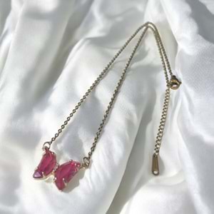 Xbaby Pembe Taşlı Kelebek Gold Kolye
