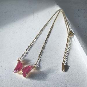 Xbaby Pembe Taşlı Kelebek Gold Kolye
