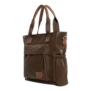 Xbaby Saten Kumaş Yanları Lastikli Cepli Fermuar Kapama Omuz ve Çapraz Çanta Kahverengi