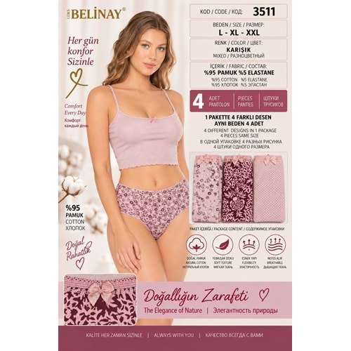 Belinay 3511 Kadın Yüksek Bel Bato Külot 4lü Paket Desenli L