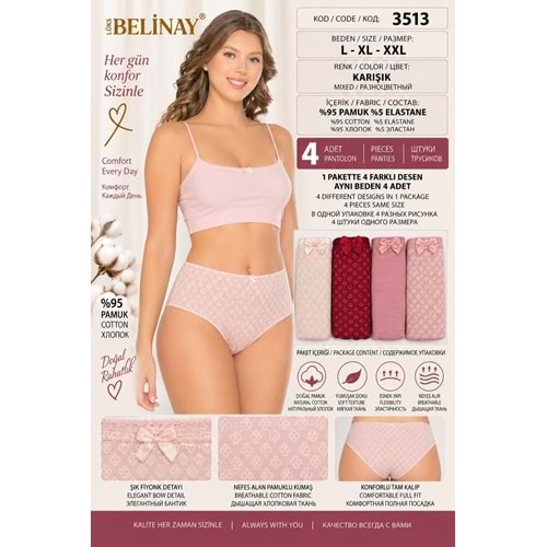 Belinay 3513 Kadın Yüksek Bel Bato Külot 4lü Paket L