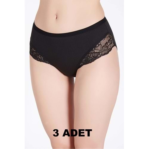 Belinay 3 Adet 0120 Kadın Yüksek Bel Dantelli Modal Külot Siyah bly4