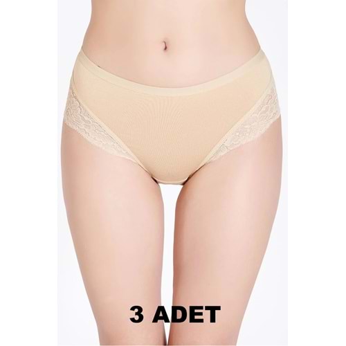 Belinay 3 Adet 0120 Kadın Yüksek Bel Dantelli Modal Külot Ten bly4