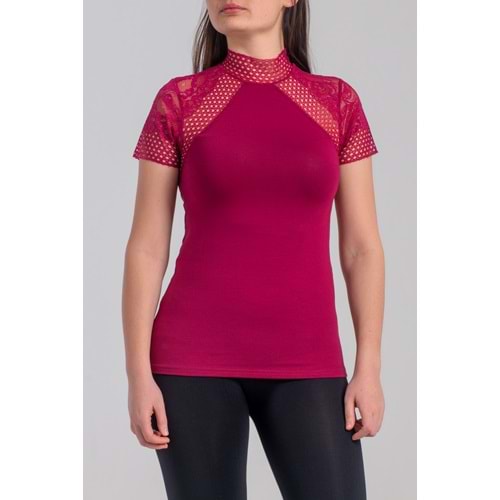 Belinay 8002 Kadın Dantelli Kısa Kol Body Vişne L