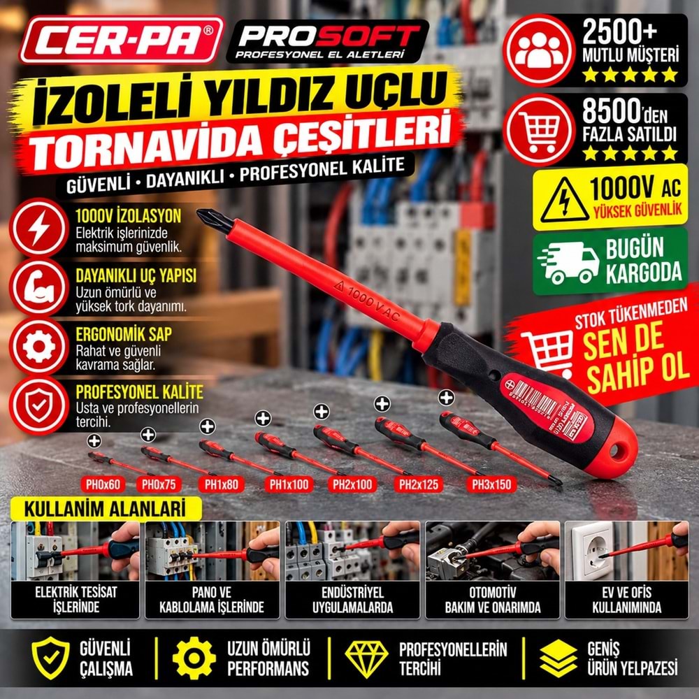 Cer-pa Prosoft İzoleli Yıldız Uçlu Tornavida PH1x80