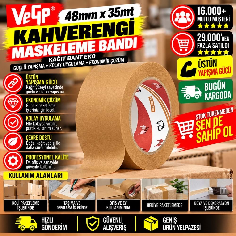 VeGe 48mm 35mt Kahverengi Maskeleme Bandı Kağıt Bant EKO