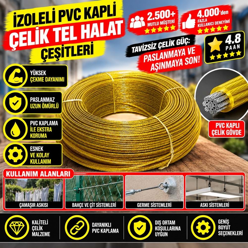 Hırsan İzoleli Pvc Kaplı Çelik Tel Halat 6mm - 200mt