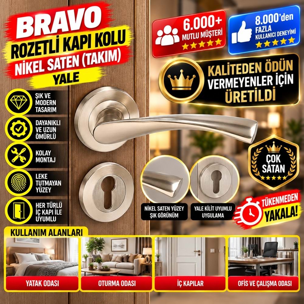 Hırsan Bravo Rozetli Kapı Kolu Nikel Saten Yale