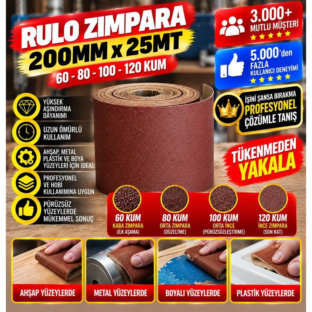 Hırsan Rulo Zımpara 200mm 25mt 120 Kum