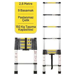 Paslanmaz Çelik Teleskopik Merdiven 2,6mt 9 Basamaklı